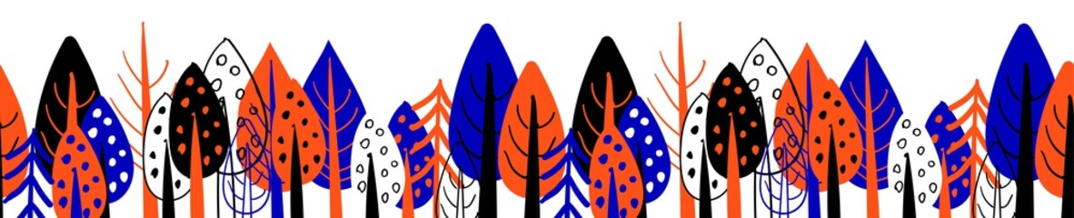 Seamless border with trees. Picture tree. Design of packing tape or print on fabric. Bright Scandinavian style. Blue and orange tseta on a white background..