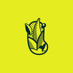 Letter I landscape monochrome logo with leaves and dew drops.