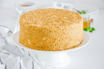 Honey cake. Traditional layered Russian cake Medovik with sour cream on a white plate on a white background. Horizontal orientation. Close up.