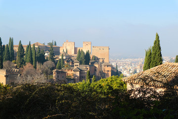 Scenery view to Alhambra citadel and palaces from Generalife gardens in the morning, Granada, Andalusia, Spain