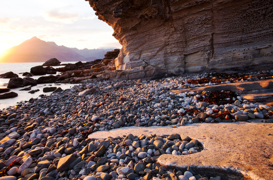 The Cuillin Ridge on the Isle of Skye, Scotland, UK, from Elgol, at sunset.