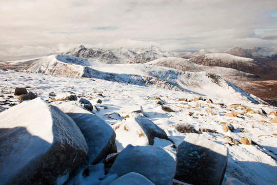 The view west into the Cuillins from Beinn na Caillich summit, behind Broadford on the Isle of Skye, Scotland, UK.