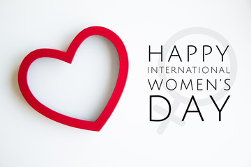 Happy 8 March International Women's Day lettering with red heart and female icon on white...