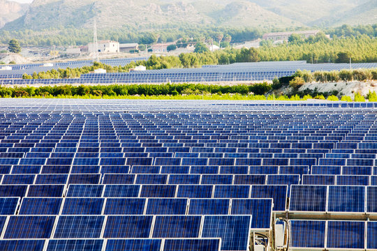 A photo voltaic solar power station near Calasparra, Murcia, Spain at dawn.