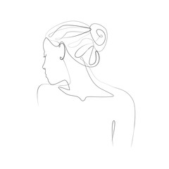 Young woman turning away face one line drawing on white isolated background. Vector illustration 