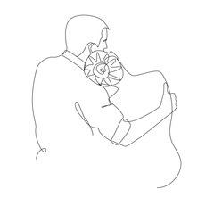 Silhouettes of man and woman are sitting with their backs and hugging one line drawing on white isolated background. Vector illustration 