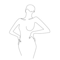 Silhouette of a naked woman stands with hands on her waist and head back one line drawing on white isolated background. Vector illustration 