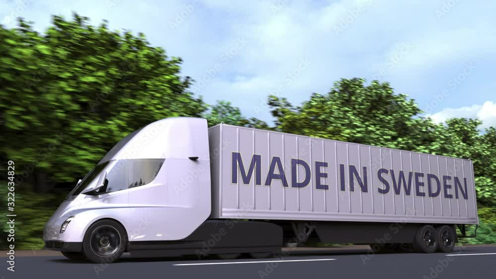 Aufkleber trailer truck with made in sweden text on the side. swedish import or export related loopable 3d ani