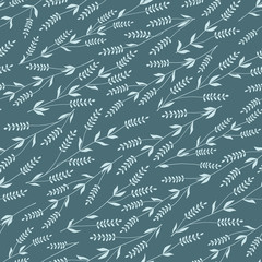 Seamless pattern of curved flowering twigs. Delicate floral background in green colors. Vector seamless pattern.