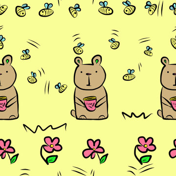 Cute brown bears and bees, flowers - seamless pattern on vibrant yellow background