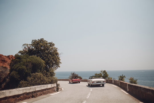 Cannes France - July 5, 2018: Retro Car Rally. French Riviera. Nice - Cannes - Saint-Tropez.