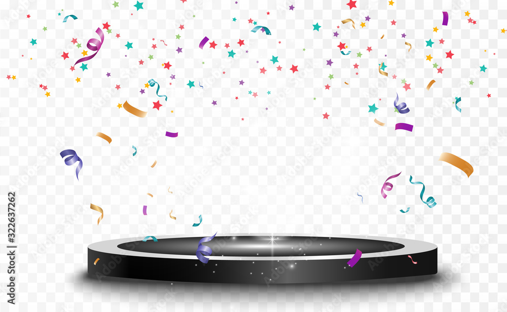 Poster Lots of colorful tiny confetti and ribbons on transparent background. Festive event and party. Multicolor background. Colorful bright confetti isolated on the podium.