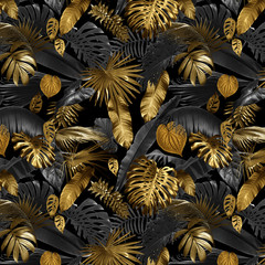 Seamless pattern with tropical leaves in gold color and black, can be used as background wallpaper - 322637407