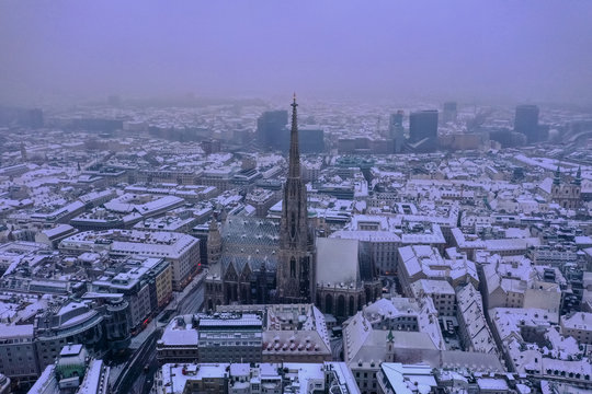 Aerial view of the city on a snowy day, Vienna, Austria