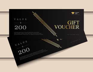 Gift voucher template with glitter gold luxury elements. Vector illustration. Design for invitation, certificate, gift coupon, ticket, voucher.