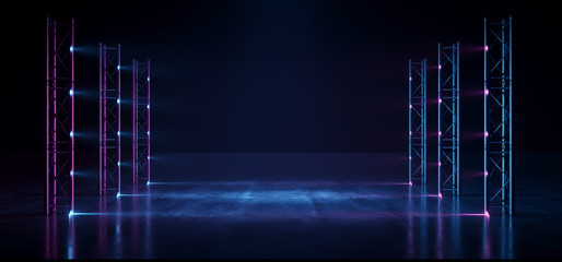 Purple Blue Neon Laser Retro Modern Sci Fi Futuristic Spaceship Cyber Virtual Hallway Hall Tunnel Corridor Dark Night Club Stage Podium Concrete Grunge 3D Rendering