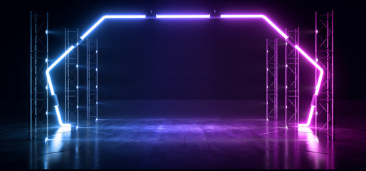 Neon Glowing Stage Purple Blue Laser Fluorescent Retro Modern Futuristic Sci Fi Pantone Vibrant Cement Club Dance Fashion Catwalk Dark Night Grunge 3D Rendering