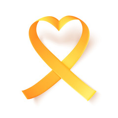 Realistic gold ribbon heart shaped. World childhood cancer symbol 15th of february, vector illustration. Template for poster for cancer awareness month in september.