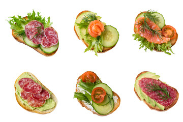 Set  sandwiches with sausage, cucumber, tomatoes, salmon, avocado.
