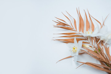 Tropical dry leaves with white lilies on white background. Closeup view