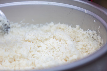 white boiled rice close up. healthy eat and diet concept. Steam cooked rice background. Boiled Basmati rice.