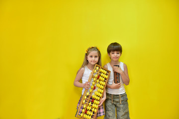a girl with a wreath on her head and children and an abacus,