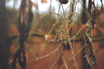 closeup on network of ropes of a dreamcatcher hanging in a forest on a mild winter day - foreground...
