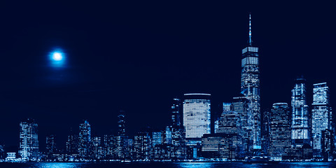 Amazing panorama view on New York City skyline and Downtown Manhattan from Jersey City during night, banner size - obrazy, fototapety, plakaty