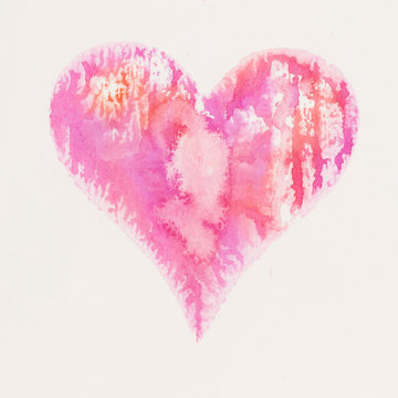 Watercolor painted pink heart, on the white watercolor paper.