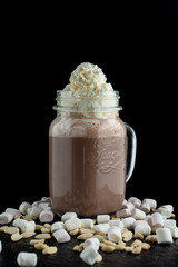Big mug of hot cocoa with ice cream, whipped cream, chocolate chips and fluffy marshmallow