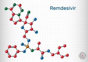 Remdesivir, GS-5734, C27H35N6O8P molecule. It is antiviral drug for treatment Ebola virus, under study as treatment for Coronavirus 2019-nCoV.  Sheet of paper in a cage