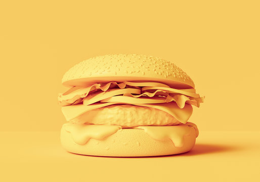 3d printing food concept, abstract fake yellow hamburger, junk food creative banner, 3d illustration.