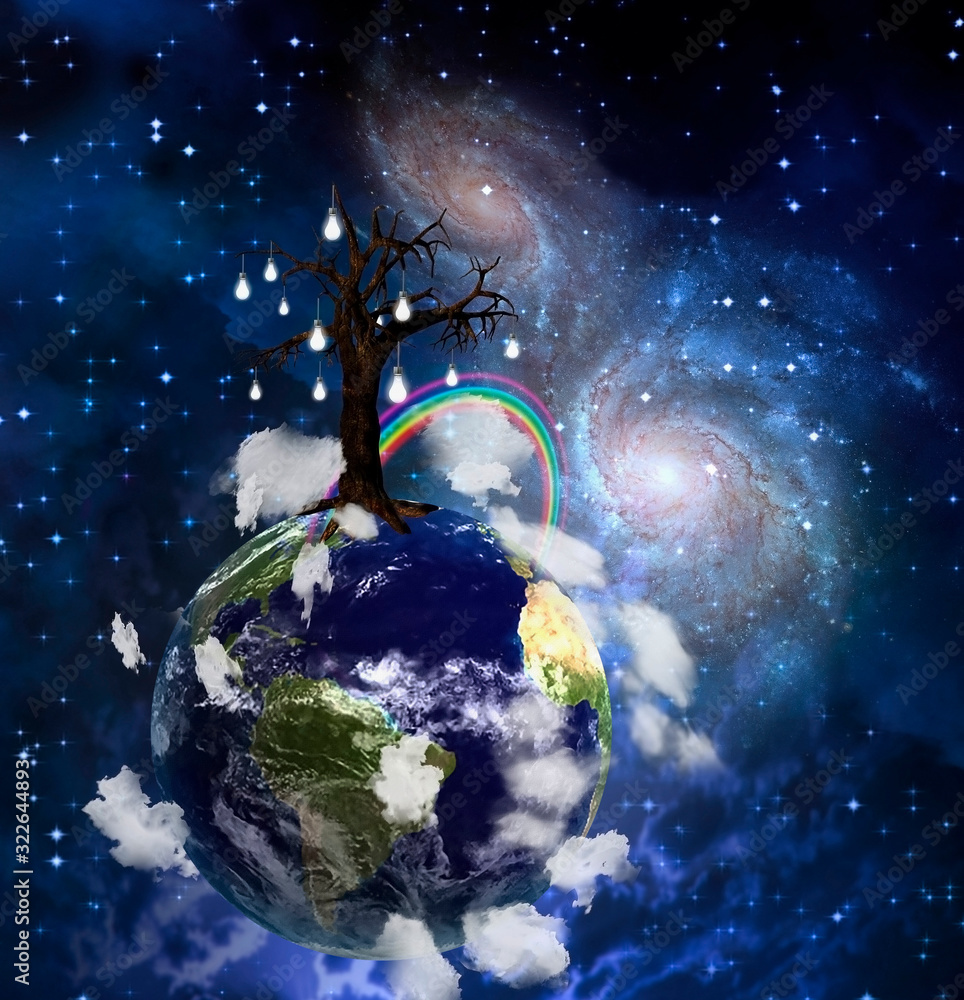 Poster world tree. symbolic composition. 3d rendering