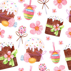 Seamless easter pattern with watercolor cupcakes with icing and topping, flowers and colored eggs. Great for design of paper, fabrics, packaging, souvenirs, textiles, gifts and more.