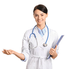 Female cardiologist on white background