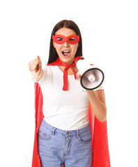 Screaming woman in superhero costume and with megaphone on white background. Concept of feminism