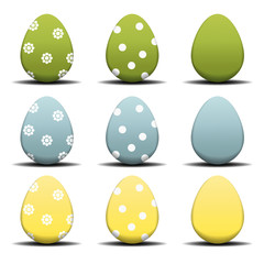 Set of Easter eggs. Multicolored Easter eggs with circles and flowers from circles. Vector