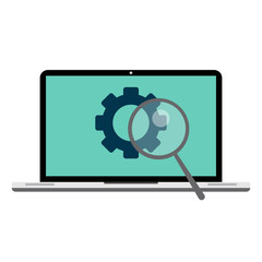 Concept laptop, magnifying glass and gears icon. Isolated, flat style. Vector