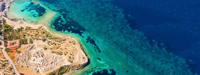 Obraz premium Aerial drone ultra wide top down photo of archaeological site of Temple of Apollo in island of Aegina, Greece