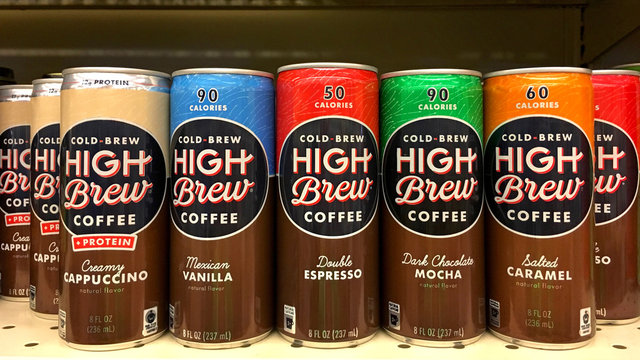 Alameda, CA - October 24, 2017: Grocery Store Shelf With Cans Of Cold Brew High Brew Coffee. Ready To Drink Cold Brew Coffee Is Low In Sugar With Twice The Caffeine As A Regular Cup Of Coffee.