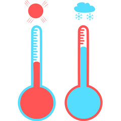 Celsius or fahrenheit meteorology thermometers measuring heat and cold, vector illustration. Thermometer equipment showing hot or cold weather. Medicine thermometer in flat style. Hot or cold