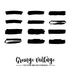 Set of black brush stroke and texture. Grunge vector abstract hand - painted element. Underline and border.
