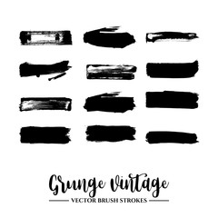 Set of black brush stroke and texture. Grunge vector abstract hand - painted element. Underline and border.