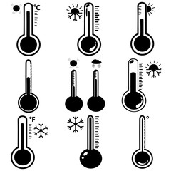 Naklejka premium Set of Celsius and fahrenheit meteorology thermometers measuring heat and cold, vector illustration. Thermometer equipment showing hot or cold weather. Set of medicine thermometers in flat style. 