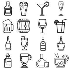Collection Alcohol Elements Vector Icons Set Thin Line. Alcohol Beverage In Glass And Bottle Concept Linear Pictograms. Beer And Champagne, Wine And Whiskey Monochrome Contour Illustrations