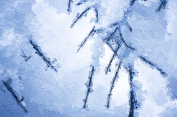 Impressionistic Style Artwork of Winter Branches Covered with Fresh Snow