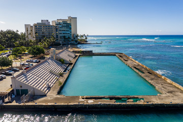 Overhead aerial view of Waikiki Natatorium War Memorial on Oahu in Hawaii