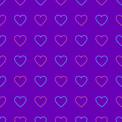 Seamless geometric pattern of staggered blue and pink neon glowing hearts on purple background, vector illustration.