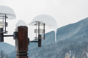 wooden houses in winter mountains, nature fresh air landscapes