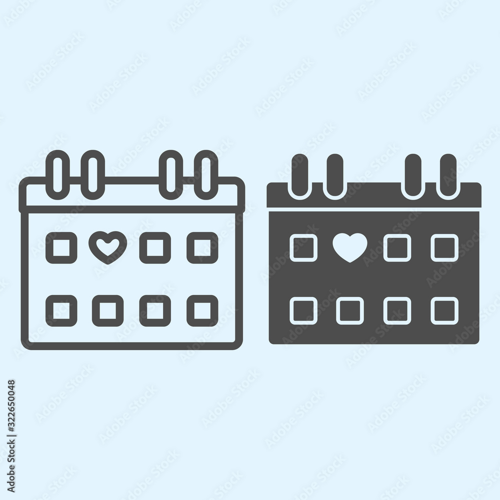Poster calendar line and solid icon. lovely date grid paper with heart shape. wedding asset vector design c